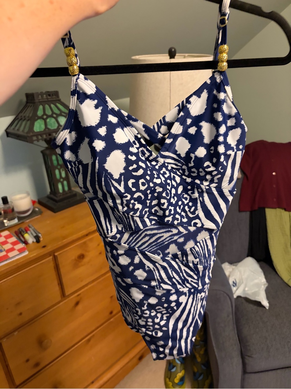 NWOT Beyond Control Navy and White Animal Print One-Piece Swimsuit, size 8